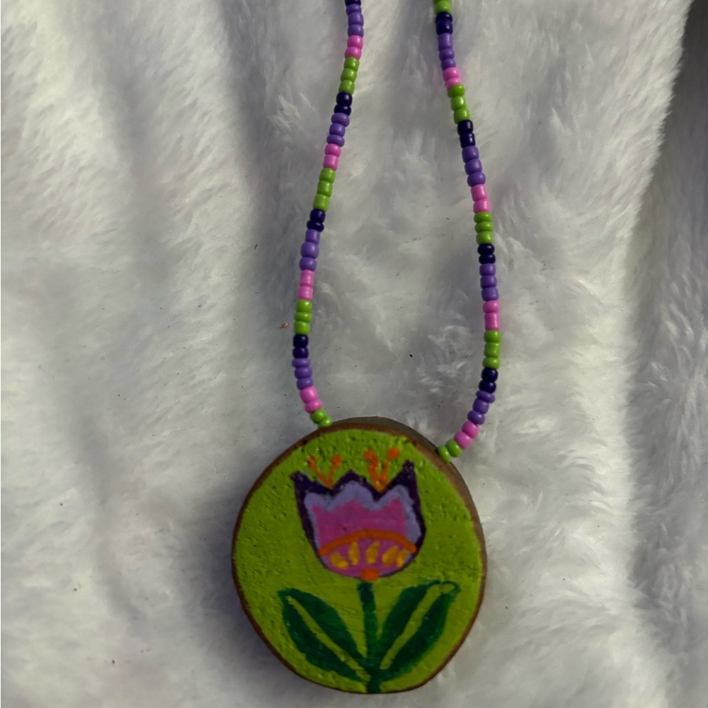 Tulip Flower Hand Painted Wood Slice Pendant Necklace